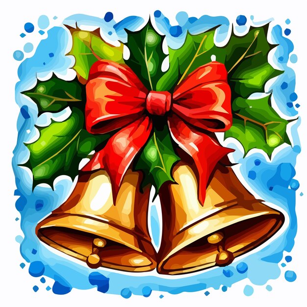 Вектор Рождественская композиция из еловых зеленых веток, золотых колокольчиков с красной лентой и дизайном снежинок