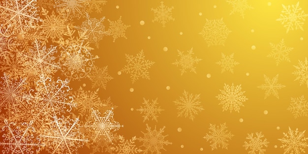 Vector christmas background of beautiful complex snowflakes in yellow colors winter illustration with falling snow