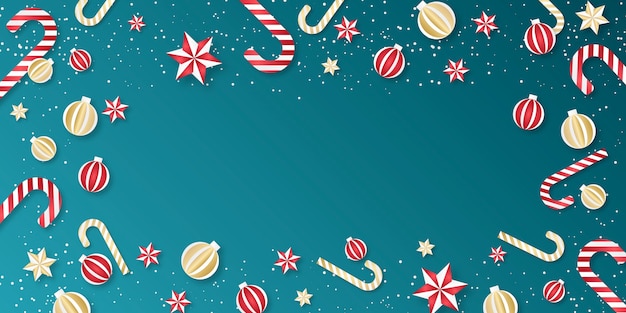 Vector christmas background. border of christmas elements with baubles, stars and candy canes.