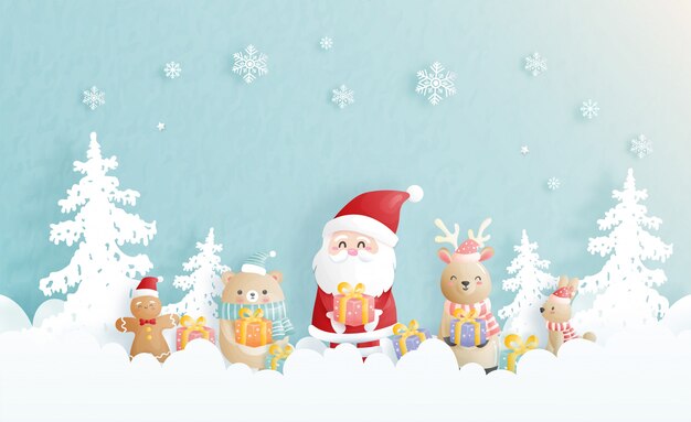 Christmas background, celebrations with Santa and friends, Christmas scene in paper cut style