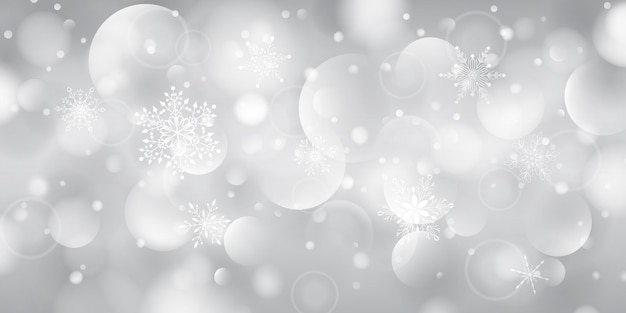 Christmas background of complex big and small falling snowflakes in gray colors with bokeh effect