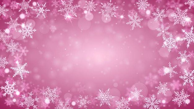 Sfondo natalizio di complessi fiocchi di neve che cadono sfocati e chiari in colori rosa con effetto bokeh