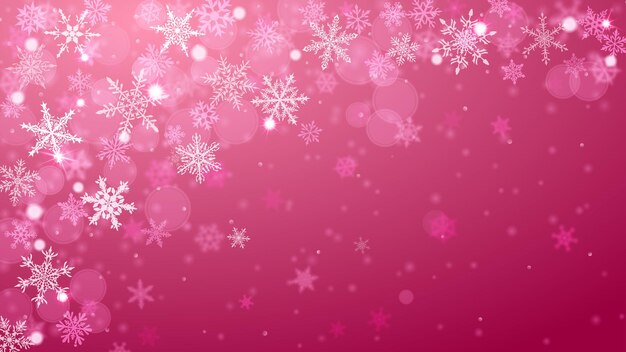 Christmas background of complex blurred and clear falling snowflakes in purple colors with bokeh effect