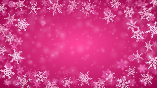 ボケ効果のある紫色の複雑なぼやけた透明な雪片のクリスマスの背景