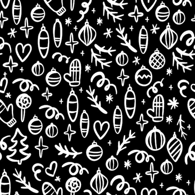 Sfondo di natale doodle simboli decorazione biglietto di auguri capodanno vacanze invernali bianco su nero cartoon seamless pattern vector illustration