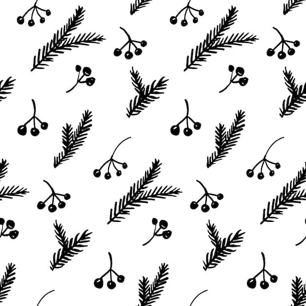 Christmas background hand drawn branches and berries Monochrome black and white Gift wrapping paper