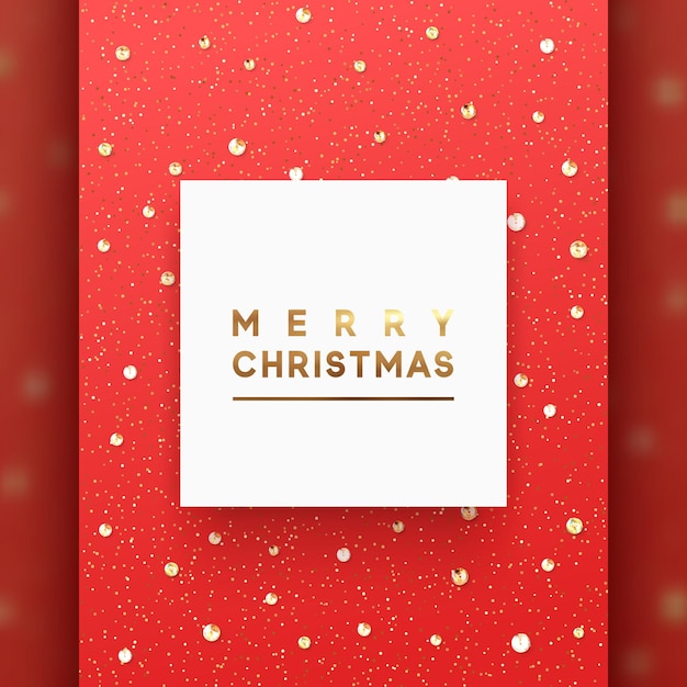 Christmas background is strewn with precious stones and bright sparkles. Merry Christmas lettering in square white frame, luxury text of gold color.
