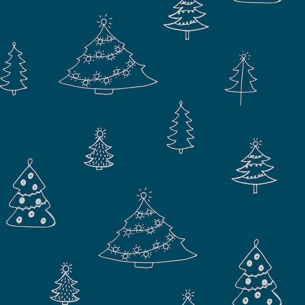 Christmas background New Year's pattern with Christmas trees Doodles trees on a blue background