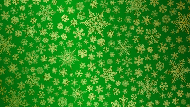 Новогодний фон из больших и маленьких снежинок в зеленых тонах
