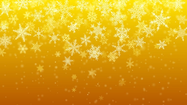 보케 효과가 있는 노란색 색상의 복잡한 흐릿하고 맑은 떨어지는 눈송이의 크리스마스 배경