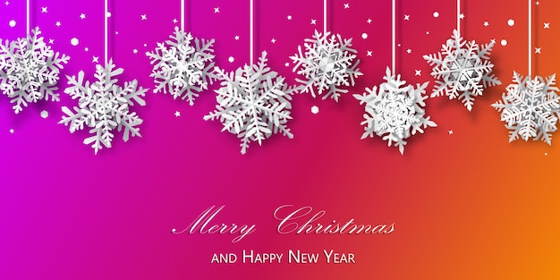 보라색과 주황색 배경에 흰색, 부드러운 그림자가 있는 종이 눈송이의 크리스마스 배경