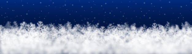 Вектор Рождественский фон из снежинок разной формы размытия и прозрачности, расположенных внизу на синем фоне