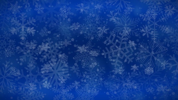 さまざまな形のサイズと青い色の透明度の雪片のクリスマスの背景