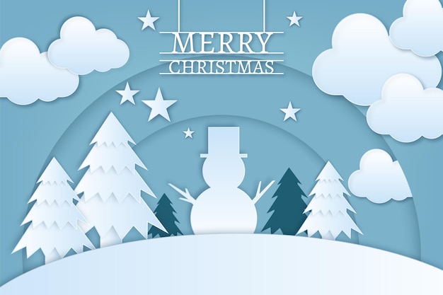 Christmas background in paper style with snowman and pine trees