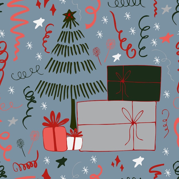Рождественский фон вечеринка праздник вектор бесшовный узор стилизованные рождественские елки с конфетти и бенгальские огни обои для оберточной бумаги приглашения бумага и открытки фоны веб-сайта