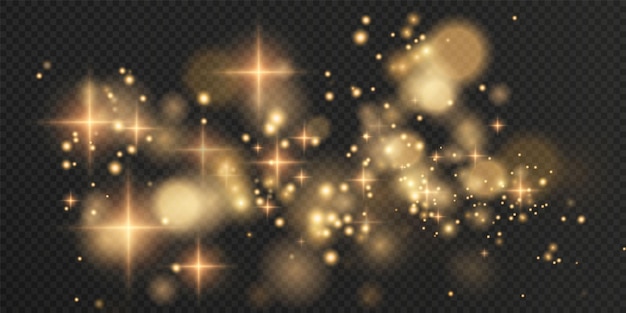 クリスマスの背景。パウダーPNG。魔法の輝く金粉。細かい光沢のあるダストボケ粒子が落下します。