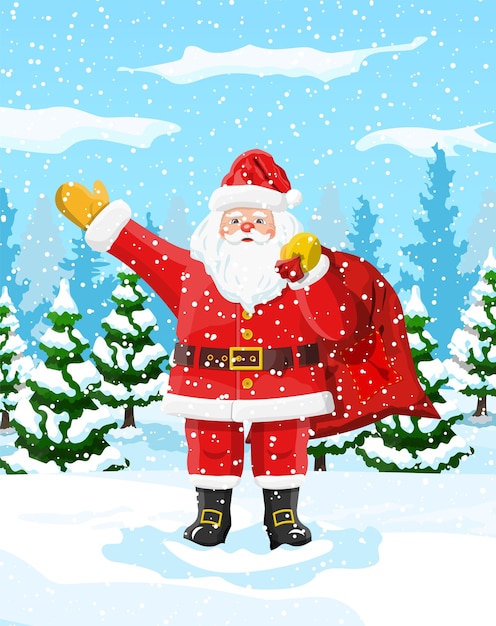Christmas background. Santa claus with bag with gifts. Winter landscape with fir trees forest and snowing. Happy new year celebration. New year xmas holiday. 