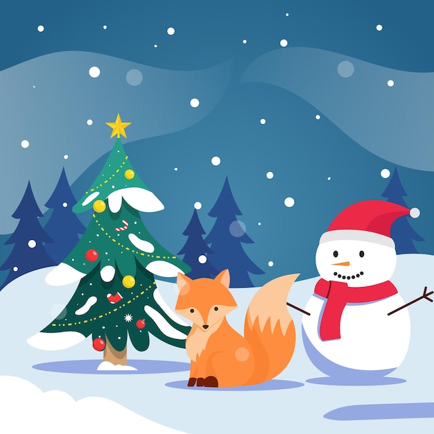 Christmas background  Snowball and fox illustration