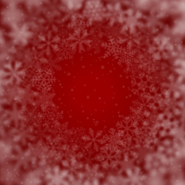 Vettore sfondo natalizio di fiocchi di neve di diversa forma, sfocatura e trasparenza, disposti in cerchio, su sfondo rosso