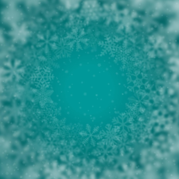 Vector christmas background of snowflakes of different shape, blur and transparency, arranged in a circle, on turquoise background