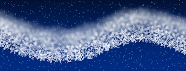 Sfondo di natale di fiocchi di neve di forma diversa sfocatura e onda di trasparenza a forma di onda su sfondo blu