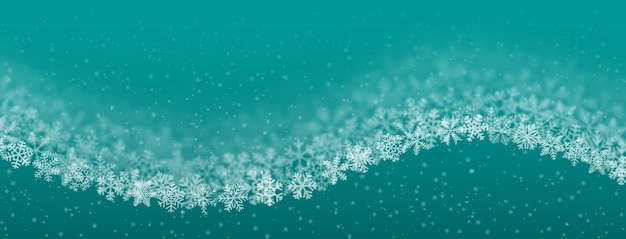 Vector christmas background of snowflakes of different shape blur and transparency wave shaped on turquoise background