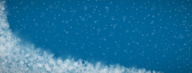 파란색 배경에 다양한 모양, 크기, 흐림 및 투명도의 눈송이의 크리스마스 배경