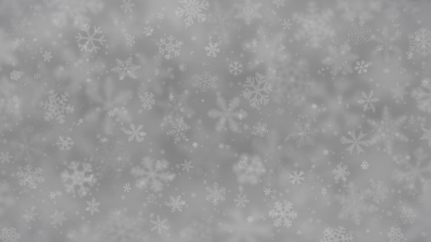 さまざまな形、サイズ、ぼかし、灰色の透明度の雪片のクリスマスの背景