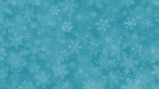 さまざまな形のサイズの雪片のクリスマス背景ぼかしと水色の透明度