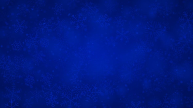 Vettore sfondo di natale di fiocchi di neve di diverse forme dimensioni e trasparenza nei colori blu