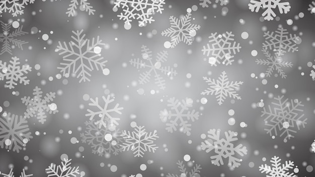 Christmas background of snowflakes of different shapes sizes and transparency in gray and black colors