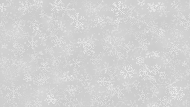 Christmas background of snowflakes of different shapes, sizes and transparency in gray and white colors