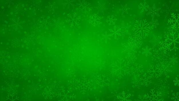 Sfondo di natale di fiocchi di neve di diverse forme dimensioni e trasparenza nei colori verde