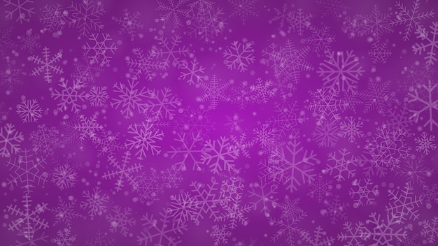 Christmas background of snowflakes of different shapes sizes and transparency in purple colors