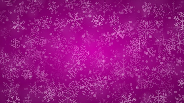 Christmas background of snowflakes of different shapes, sizes and transparency in purple colors