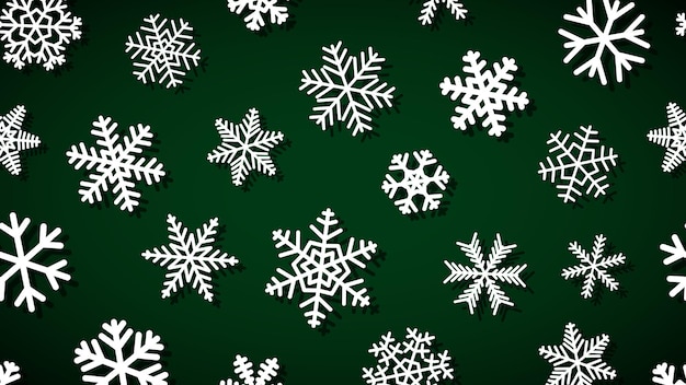 Sfondo natalizio di fiocchi di neve di diverse forme e dimensioni con ombre. bianco su verde scuro.