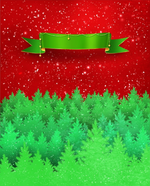 Christmas background spruce forest and ribbon banner