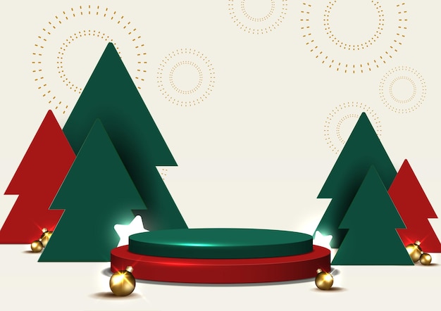 Christmas background stage podium for product display decor with tree and festive elements.