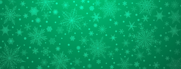 Christmas background of various complex big and small snowflakes, in green colors