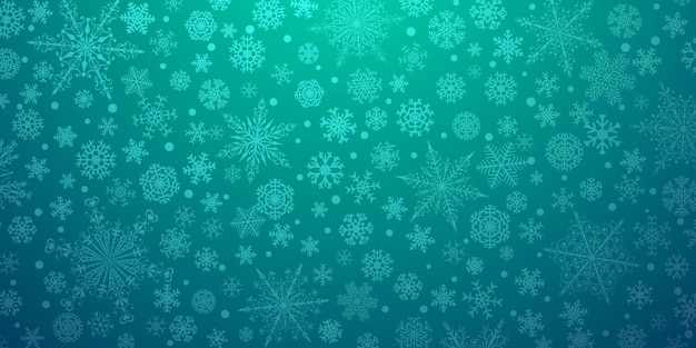 Vector christmas background of various complex big and small snowflakes, in light blue colors