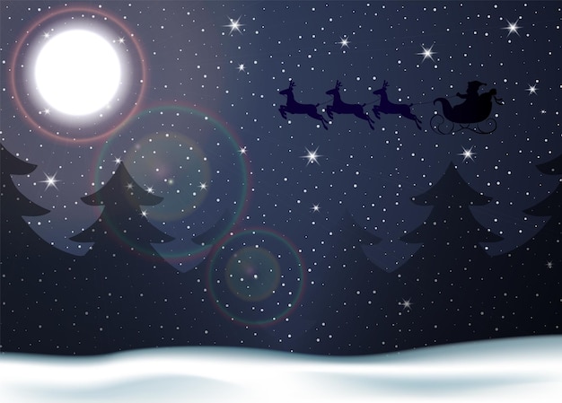 Vector christmas background winter forest with moon and santa
