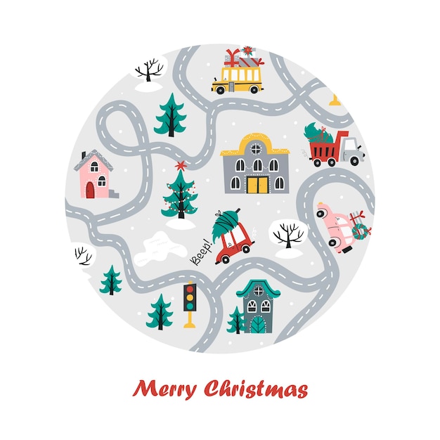 Рождественский фон с кругом автомобилей и домов