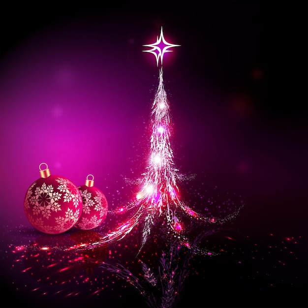 Вектор Новогодний фон с силуэтом блестящей елки и новогодних шаров со снежинками