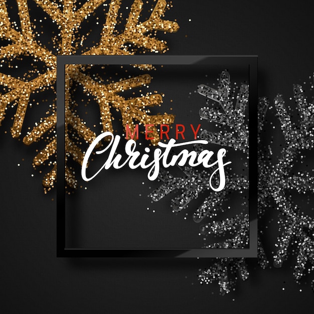 아름다운 밝은 눈송이가 있는 크리스마스 배경은 사실적인 반짝임이 반짝입니다. 액자 서예 수제. 메리 크리스마스와 새해 복 많이 받으세요 포스터, 인사말 카드. 크리스마스 휴일