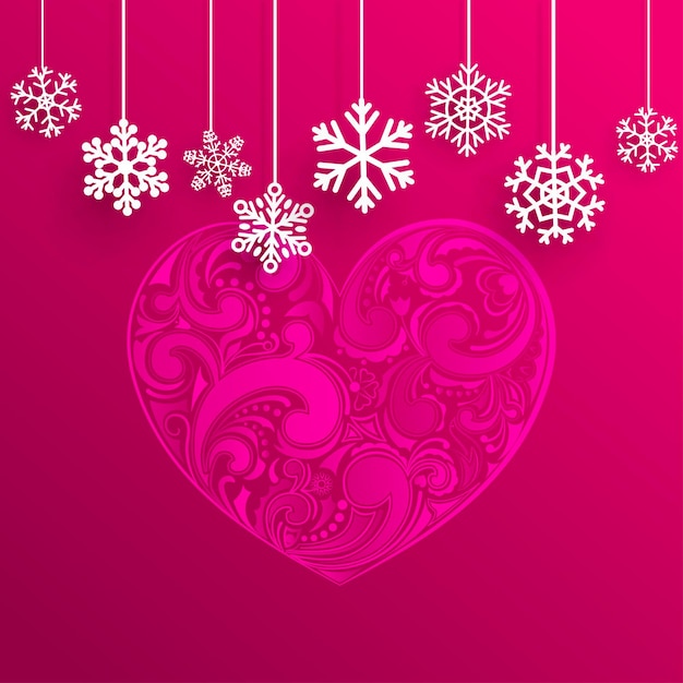 Christmas background with big heart and hanging snowflakes on red background