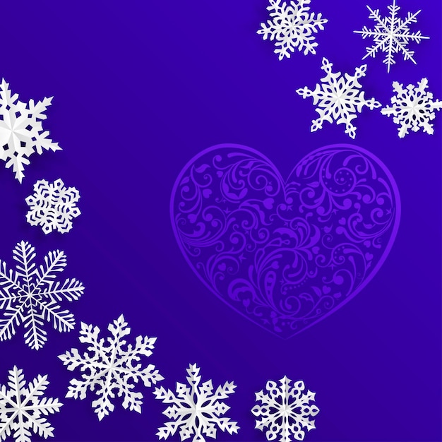 Christmas background with big heart and snowflakes on blue background