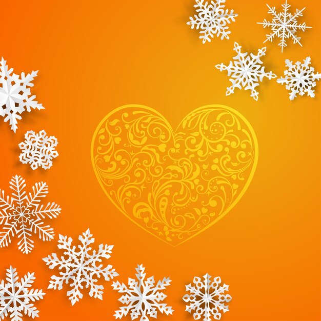 大きな心とオレンジ色の背景に雪のクリスマスの背景