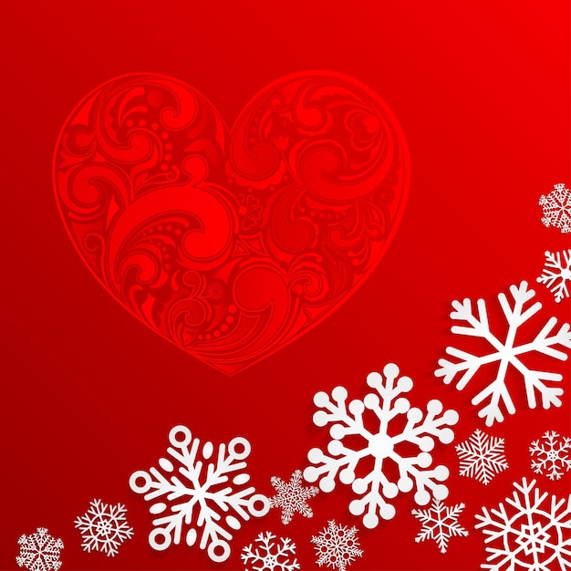 Sfondo di natale con grande cuore e fiocchi di neve su sfondo rosso