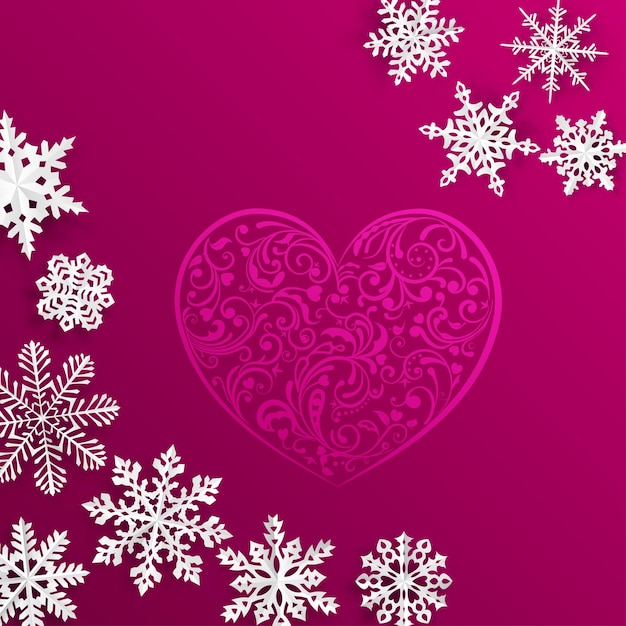 Christmas background with big heart and snowflakes on red background