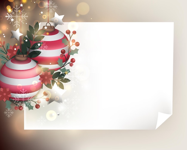 Vector christmas background with blank paper. christmas balls and abstract light